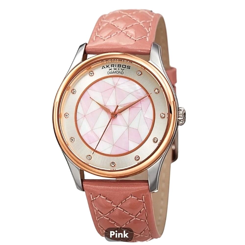 WOMEN'S WATCH AKRIBOS XXIV QUARTZ DIAMOND MARKERS & PINK LEATHER STRAP NEW!